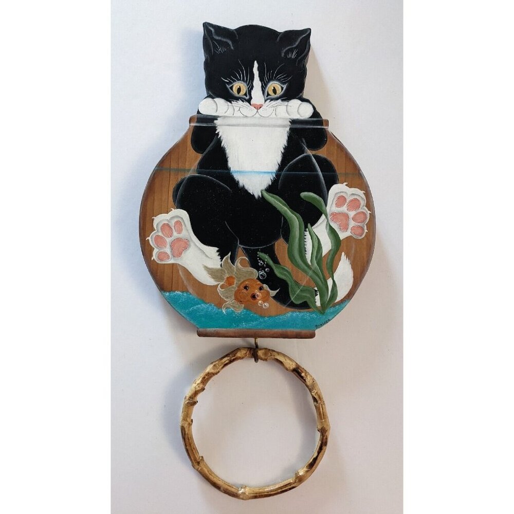 Handcrafted Towel Holder Ring Cat And Fish Bowl Wood Cottage Country StyleSigned